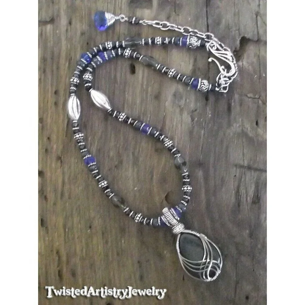 Beaded Necklace with Blue Jasper Wire Wrapped Pendant Handmade - Picture 3 of 3